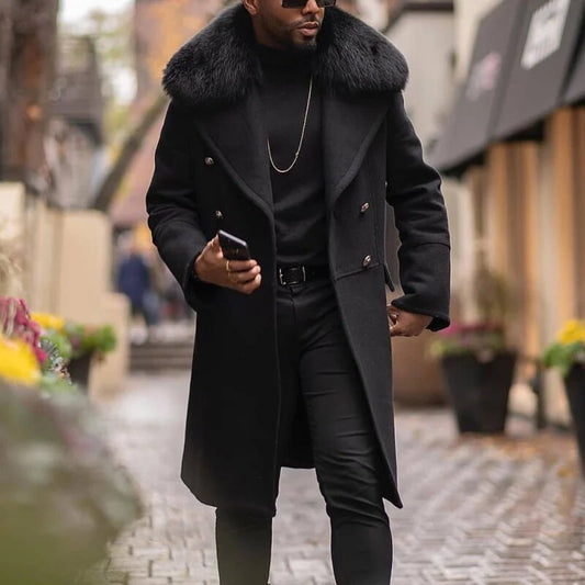 A nice Men's Overcoat  British Large Size Street Coat Fashion with Fur Collar Coat  Men's Trench Coat