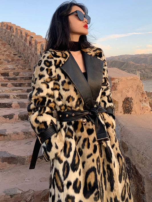 A very nice "Elegant" Long Leopard Print Warm Fluffy Faux Fur Trench Coat for Women Long Sleeve Double Breasted European Fashion
